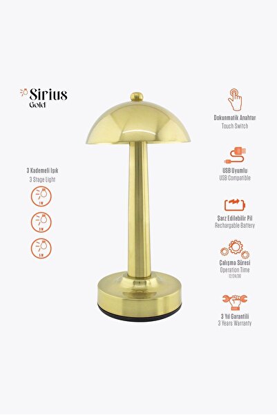 Light Design Gold Sirius Dekoratif Şarjlı Pilli Ledli Dokunmatik Ev Iş Ofis K...