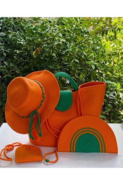 çanta tasarımcısı Turuncu Yeşil Kordon İp Dörtlü Şapkalı Kombin Çanta