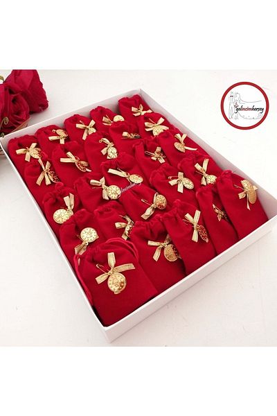 Gelincimherşey 50 Pieces Red Suede String Quarter Sequin Decorated Pouch Gift Henna