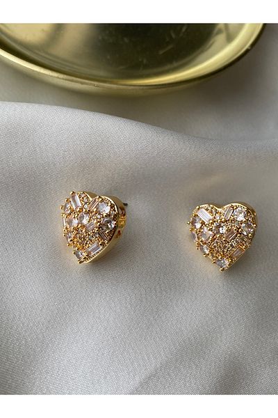 Pinery Jewels Vip Series - Large Heart Brass Plated Earrings Pair with Baguette Stones