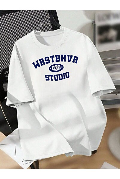 trendgar 030 studio baskılı beyaz unisex oversize tshirt