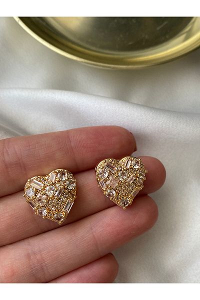Pinery Jewels Vip Series - Large Heart Brass Plated Earrings Pair with Baguette Stones
