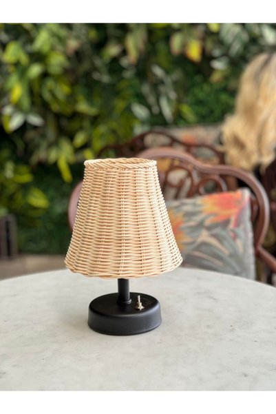 Maison Avf Rattan & Bambu Masa Üstü Kablosuz Pilli Abajur Masa Lambası Siyah