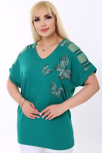 Kheos Round Neck Shoulder Tulle Stripe Short Sleeve Butterfly Pattern Stone Printed Comfortable Lycra Flexible Plus Size Blouse