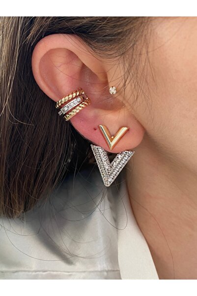 Pinery Jewels VIP SERİ - Zirkon Taşlı V Altın Kaplama Küpe Çifti