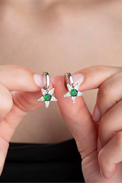 Nereze 925 Ayar Gümüş 12 mm Halka Yeşil Taşlı Yıldız Küpe