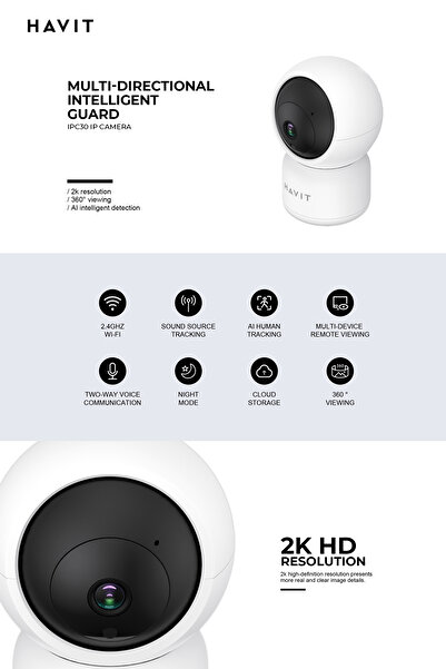 Havit Ipc30 Smart 360° 2k Gece Görüşlü Ip Kamera ( Türkiye Garantili) Wifi Kablosuz Ev Kamerası