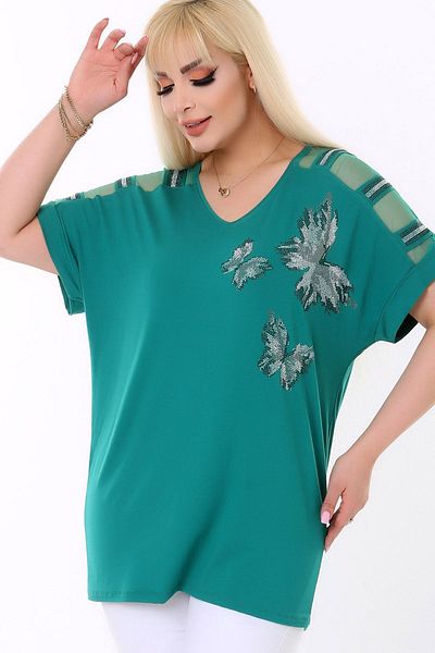 Kheos Round Neck Shoulder Tulle Stripe Short Sleeve Butterfly Pattern Stone Printed Comfortable Lycra Flexible Plus Size Blouse