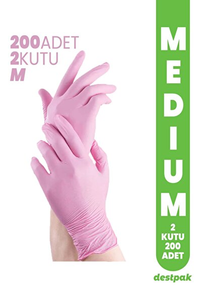 Destpak Pembe Nitril Eldiven - Pudrasız Muayene Eldiveni - Gıdaya Uyumlu (MEDIUM) (2 KUTU-200 ADET)