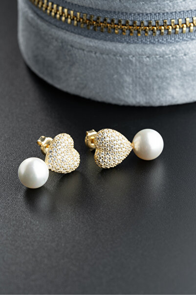 Nereze 925 Ayar Gümüş Gold Kaplama İncili Kalp Küpe