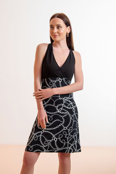 Laranor Black-White Viscose Double Breasted Collar Swimmer Silk Dress