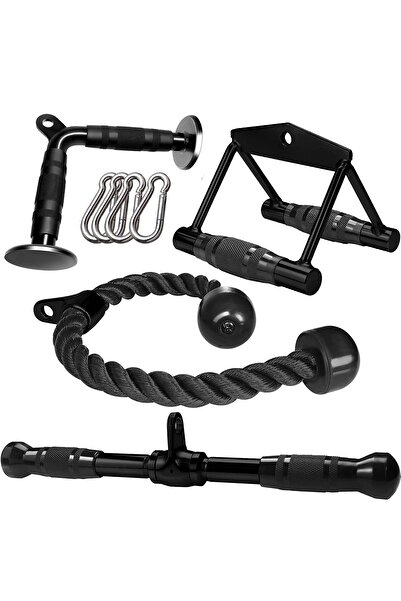 FinxSport Fitness Lat Pushdown Bar - Rowing Bar - Triceps Halatı - V Bar Biceps / Triceps Aparat Seti 4'lu