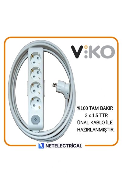VİKO Multi-let Beyaz 4'lü 1 Metre Anahtarlı Topraklı Çocuk Korumalı Çoklu Gru...