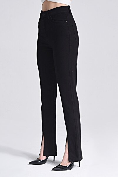 SHEVEGA Black Lycra High Waist Flare Jeans with Slit Legs