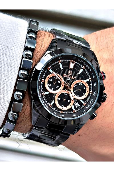 Reward Black Men's Wristwatch and Bracelet Gift - Steel Cord