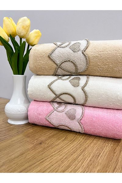 AYHANHOME 3-Piece Heart Laced Dowry 50x90 Velvet Hand and Face Towel