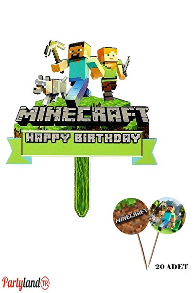 PartylandTR Minecraft Temalı Karton Pasta Süsü + 20 Adet Lux Sunum Kürdanı