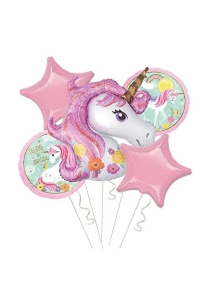 parti sürprizi Çiçekli Unicorn 5 Li Folyo Balon Set