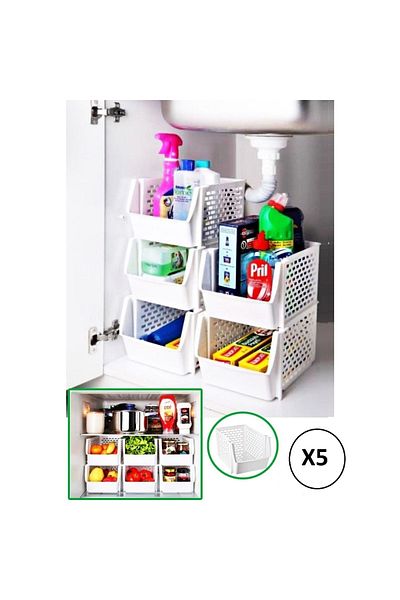 GoldenKitchen White Set of 5 - In-Cabinet Organizer for Bathroom, Kitchen, Countertop and Refrigerator, Vegetable and Fruit Basket
