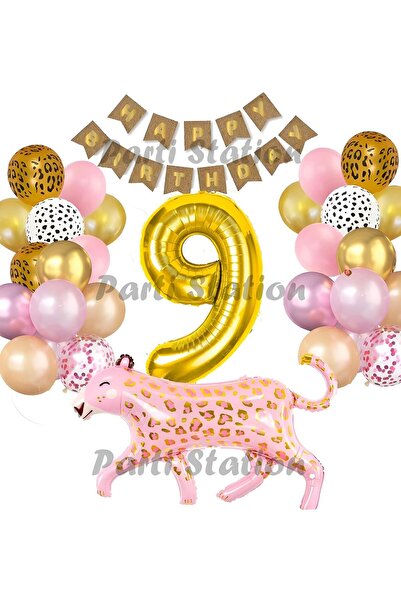 Parti Station Pink Leopard 9 Years Old Balloon Set Safari Leopard Birthday Pa...