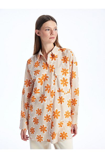 LC Waikiki Langärmliges, gemustertes, übergroßes Damen-Tunika-Shirt