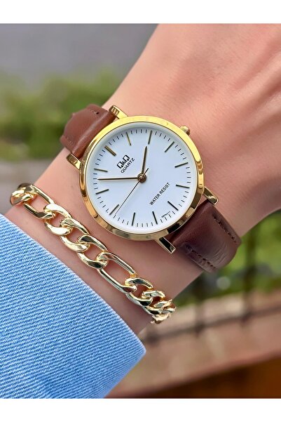 Q&Q QQ Kadın Kol Saati Deri Kordon Su Geçirmez 2 Yıl Garantili + Hediye Bileklik