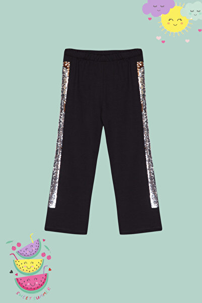 TRENDYOLKIDS Girl's Black Wide Leg Leggings - Sequin Embroidered, Cotton Knitted Tkdss24Ta00006