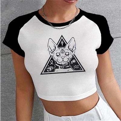 Touz Moda Δαιμονική γάτα με στάμπα Raglan Sleeve White Crop
