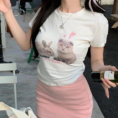 Touz Moda Y2k White Crop Top - Μέγεθος ζώνης, μοτίβο κουνελιού και γάτας