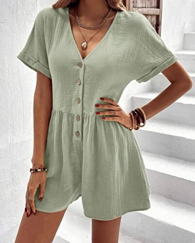 twomeey Kadın Kısa Kol Düğmeli Ayrobin Kumaş Tulum (Renkli)