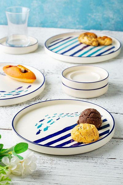 Kevin Seramik 18 Pieces Marine Stackable Breakfast Set for 6 People & Breakfast Set with Tea Cups and Tea Set