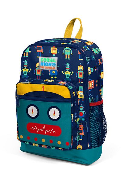 ELATAE Multi-Compartment Primary School Backpack Set Lunch Bag and Pen Holder Robot Patterned 23472
