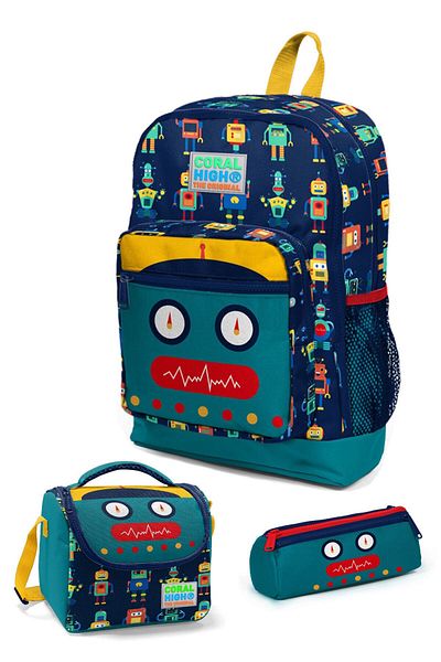 ELATAE Multi-Compartment Primary School Backpack Set Lunch Bag and Pen Holder Robot Patterned 23472