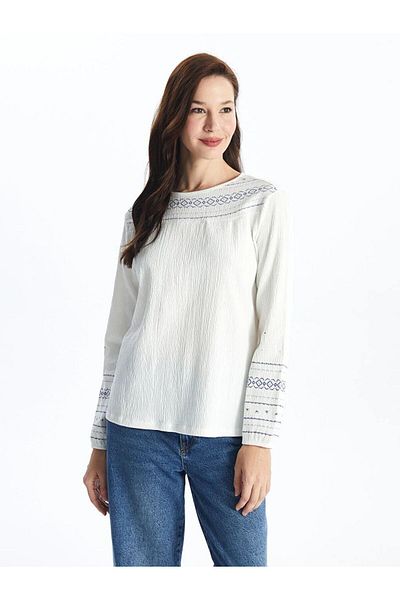 LC Waikiki LCW Grace Damenbluse mit Rundhalsausschnitt und langen Ärmeln