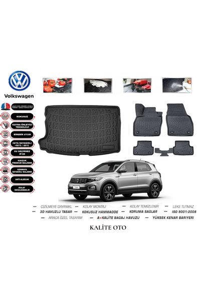 KALİTEOTO Volkswagen T-Cross 2024 Model 3D Bagaj Havuzu+4D Havuzlu Paspas Seti