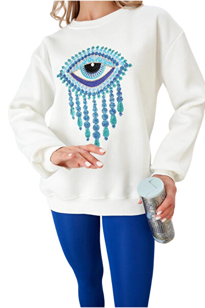 Cassime Γυναικείο φούτερ με λευκές παγιέτες - Eye Evil Eye Pattern, 100% βαμβάκι, 3 νήματα Oversize