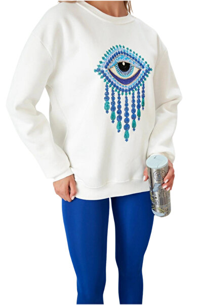 Cassime Γυναικείο φούτερ με λευκές παγιέτες - Eye Evil Eye Pattern, 100% βαμβάκι, 3 νήματα Oversize