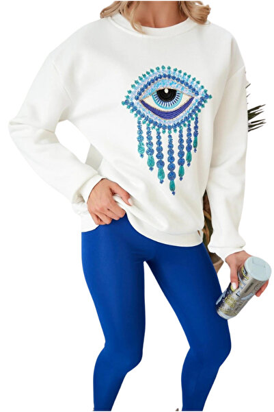 Cassime Γυναικείο φούτερ με λευκές παγιέτες - Eye Evil Eye Pattern, 100% βαμβάκι, 3 νήματα Oversize