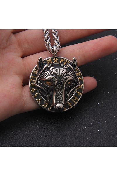Viking Fenrir Odin Freki Runic Written Wolf Necklace - 316L Scandinavian Mythology