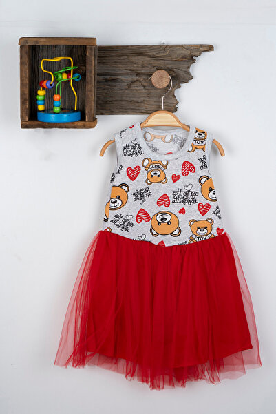 Genel Markalar Ayıcık Baskılı Yazlık Kız Bebek Çocuk Abiye  Tüllü 1-2-3 Yaş %...