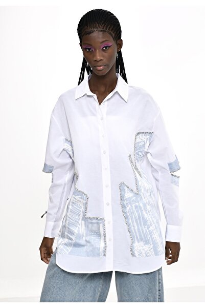 Up Shop قميص أبيض منقوش وأحجار مقاس كبير - Dqmane 72388