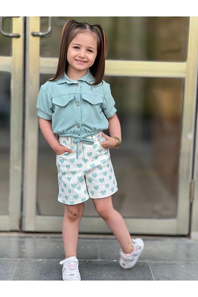 BESVİKA KİDS Girl's Crop Shirt and Heart Shorts Set