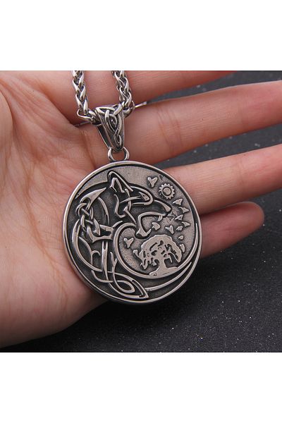 Viking Odin Back and Freki - Double Sided Nordic Wolf Design 316L Necklace