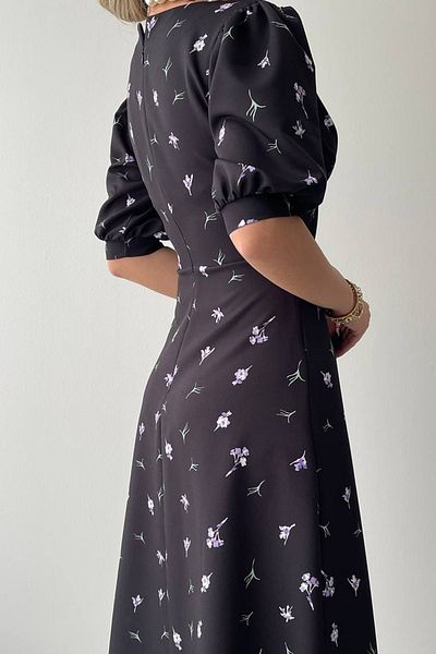 WOMAN VISION Rochie midi neagră florală cu decolteu în V și mânecă cu balon și decupaj clopot - Atlas 153