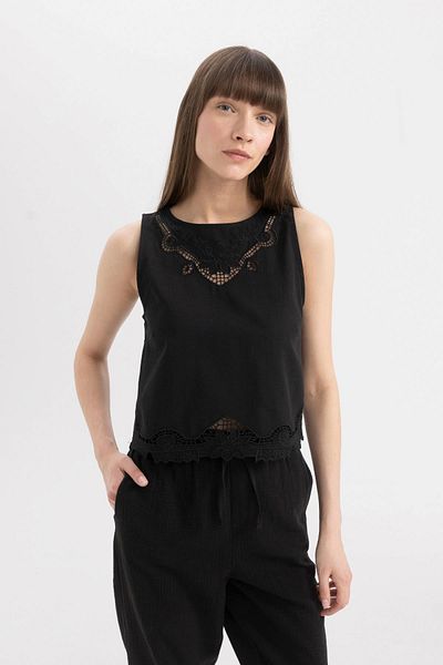DeFacto Lněná halenka s kulatým výstřihem ze směsi Regular Fit - B5442AX24SM