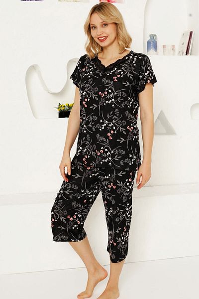 ALİMER Women Black Spring Branch Short Sleeve Lace V-Neck Capri Pajamas Set Edy2707S