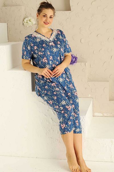 ALİMER V-Neck Indigo Bermuda Pajamas Set - Short Sleeve, Lace, Large Size EDY2708B-İ