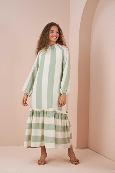 Mevra Πράσινο φόρεμα μουσελίνας - Φούστα με βολάν, χοντρές ρίγες