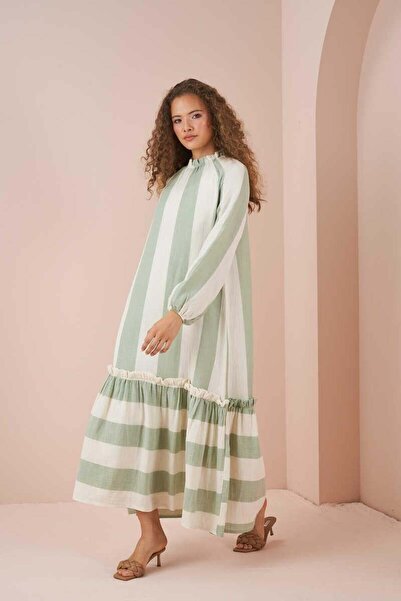 Mevra Πράσινο φόρεμα μουσελίνας - Φούστα με βολάν, χοντρές ρίγες