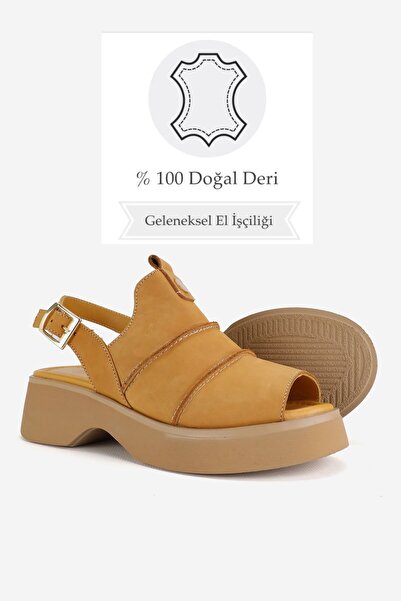 TUNAELLİ Women's - Yellow Nubuck Genuine Natural Leather Low Heel Sandals